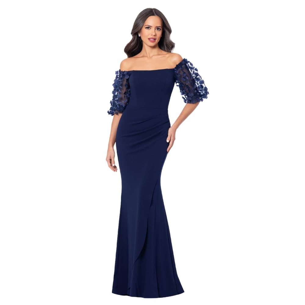 Xscape Women\'s Evening Gown Off-the-Shoulder Neckline, Puff Sleeves, Navy, 10