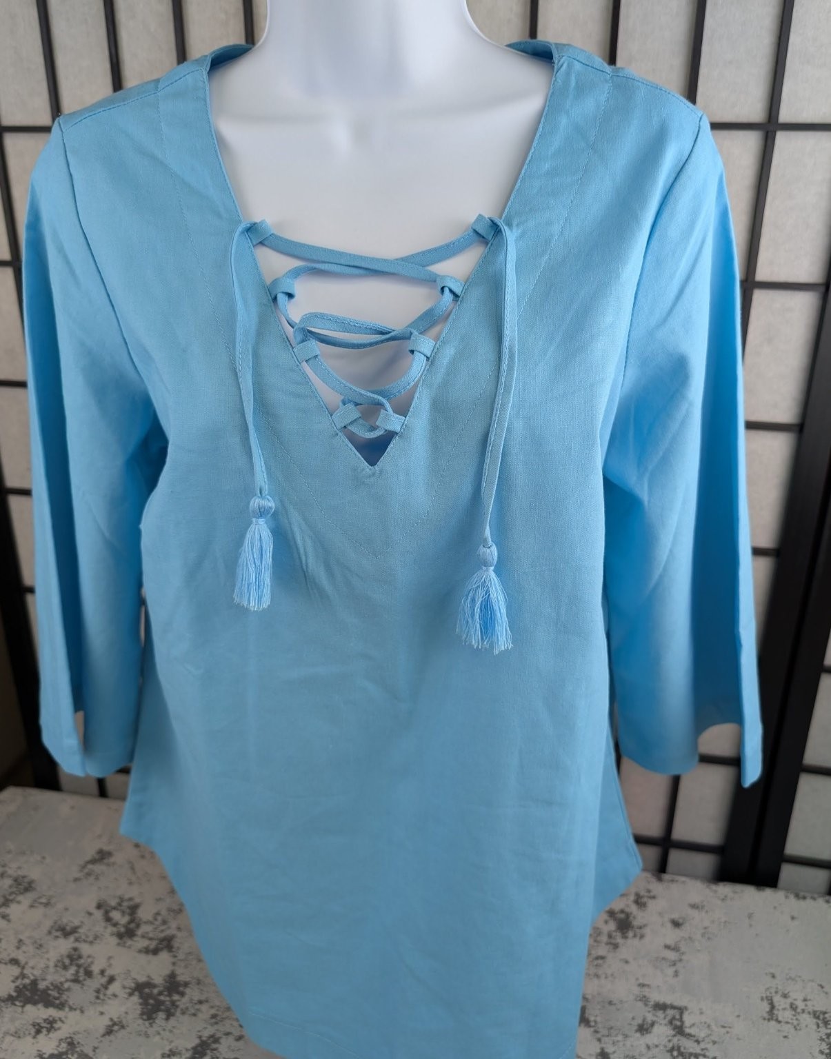 Rockmans Women\'s Blue Size 10 Cotton Linen Blend Lace-Up Top Chest 38\ Rockmans Women\'s Blue Size 10 Cotton Linen Blend Lace-Up Top Chest 38\