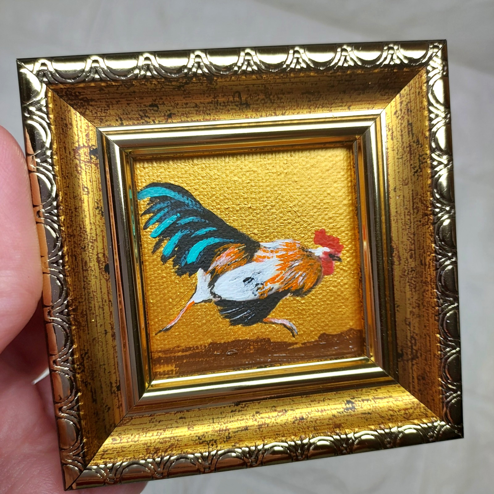 Funny Rooster Running, Miniature Original Oil Painting Framed Signed Art