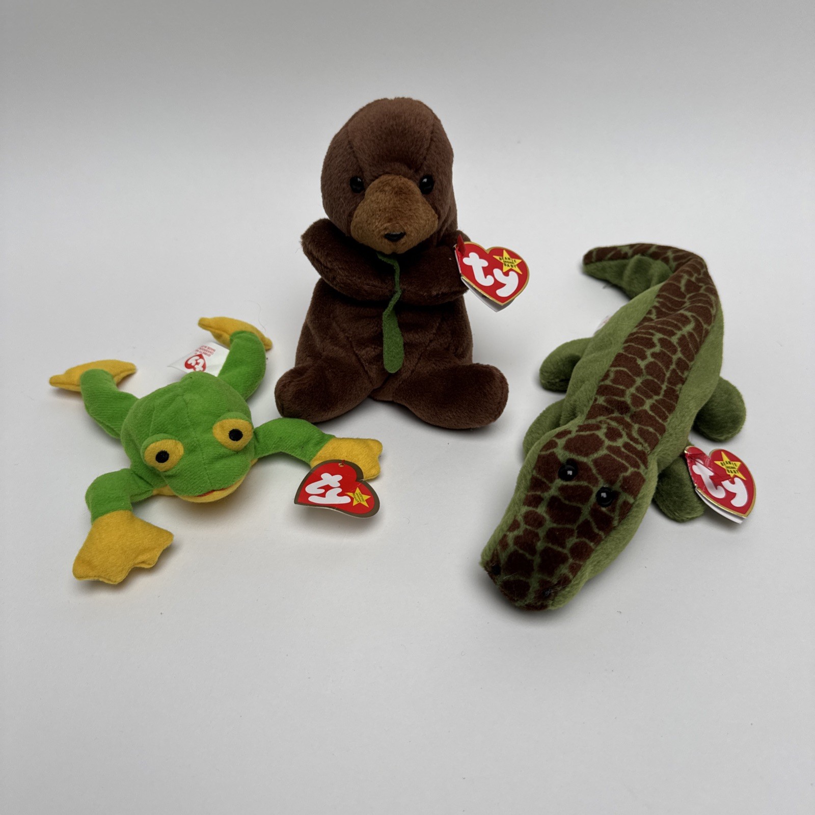 Ty Beanie Babies Lot - Seaweed Otter, Smoochy Frog, & Ally Alligator (With Tags)