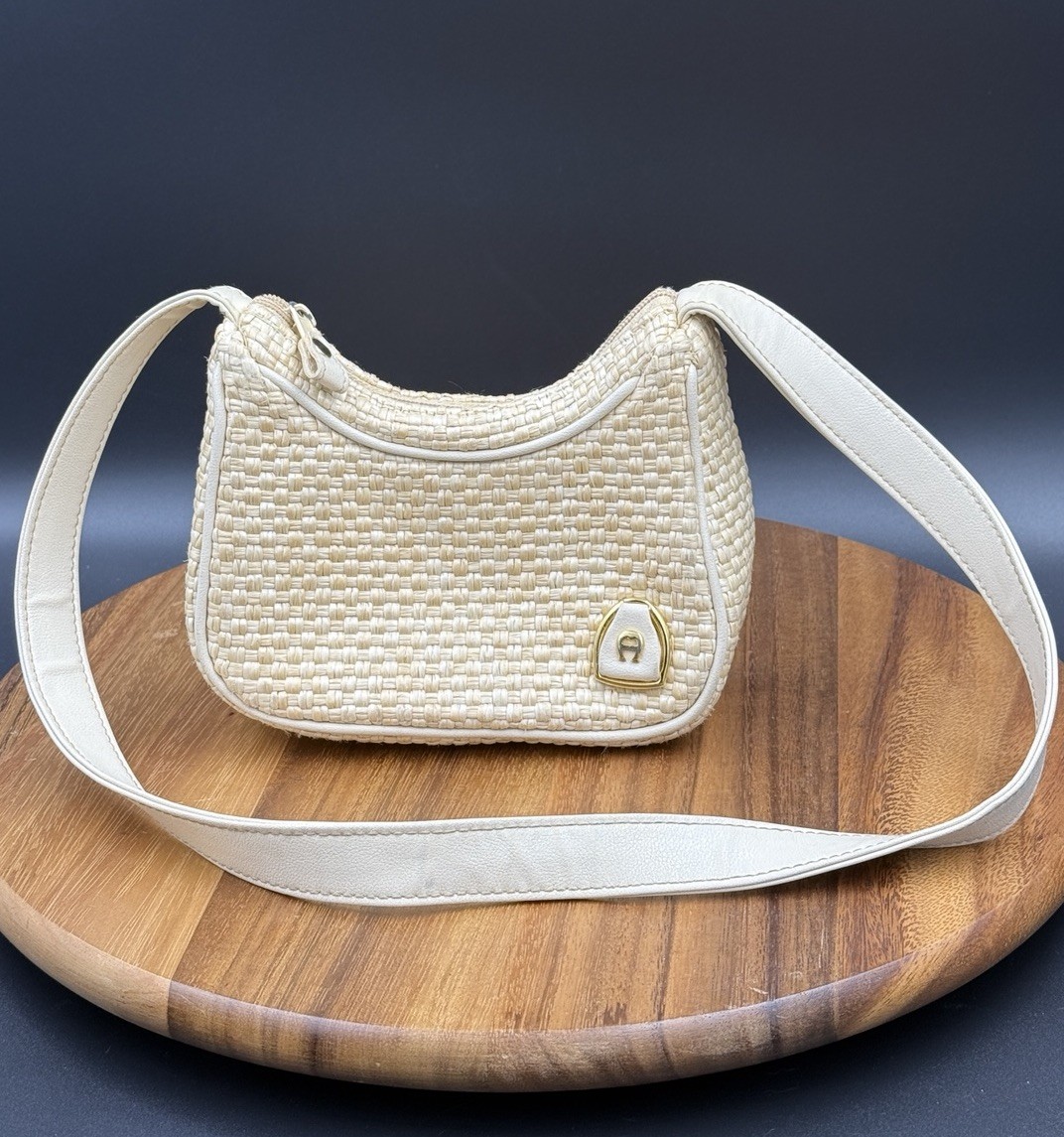 Etienne Aigner mini Woven Straw Purse Shoulder Bag Cream Leather Trim vintagey2k