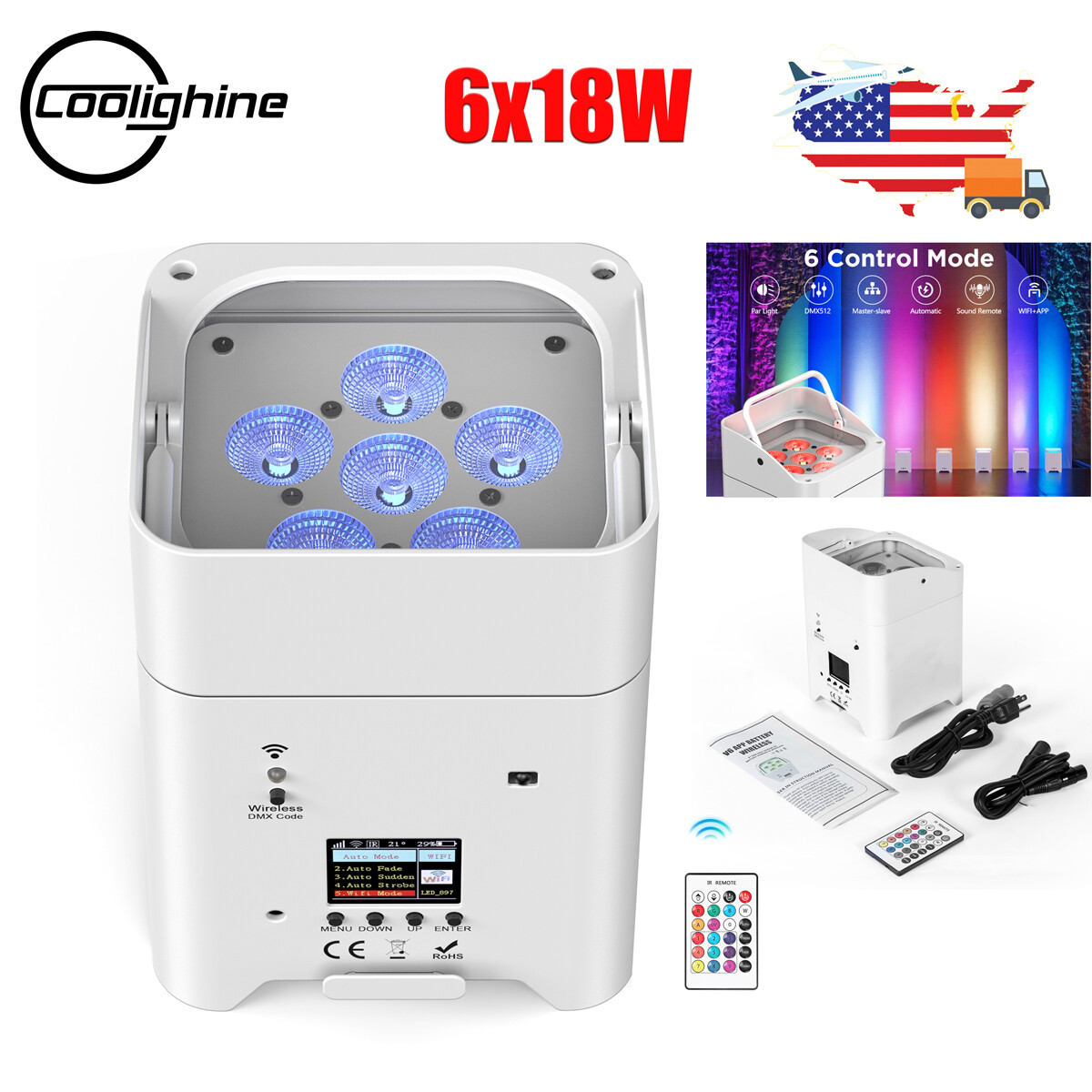 6Pcs 6x18W RGBWA+UV Wifi APP Wireless Remote Control Par up Light wash With Case