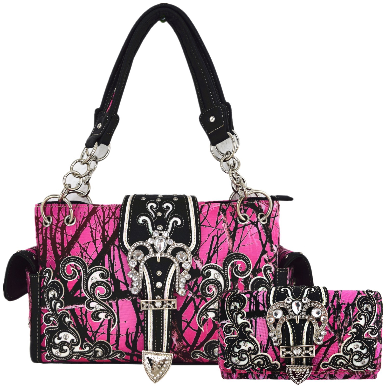 Western Purse Women\'s Western Camo Crown Buckle Handbag Shoulder Bag Wallet Set
