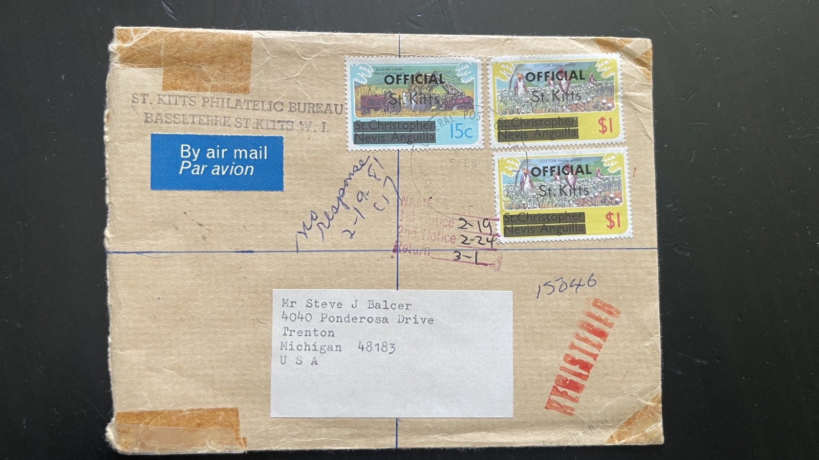 St Kitts Official Philatelic Bureau Parcel Cover to USA Customs Stamps