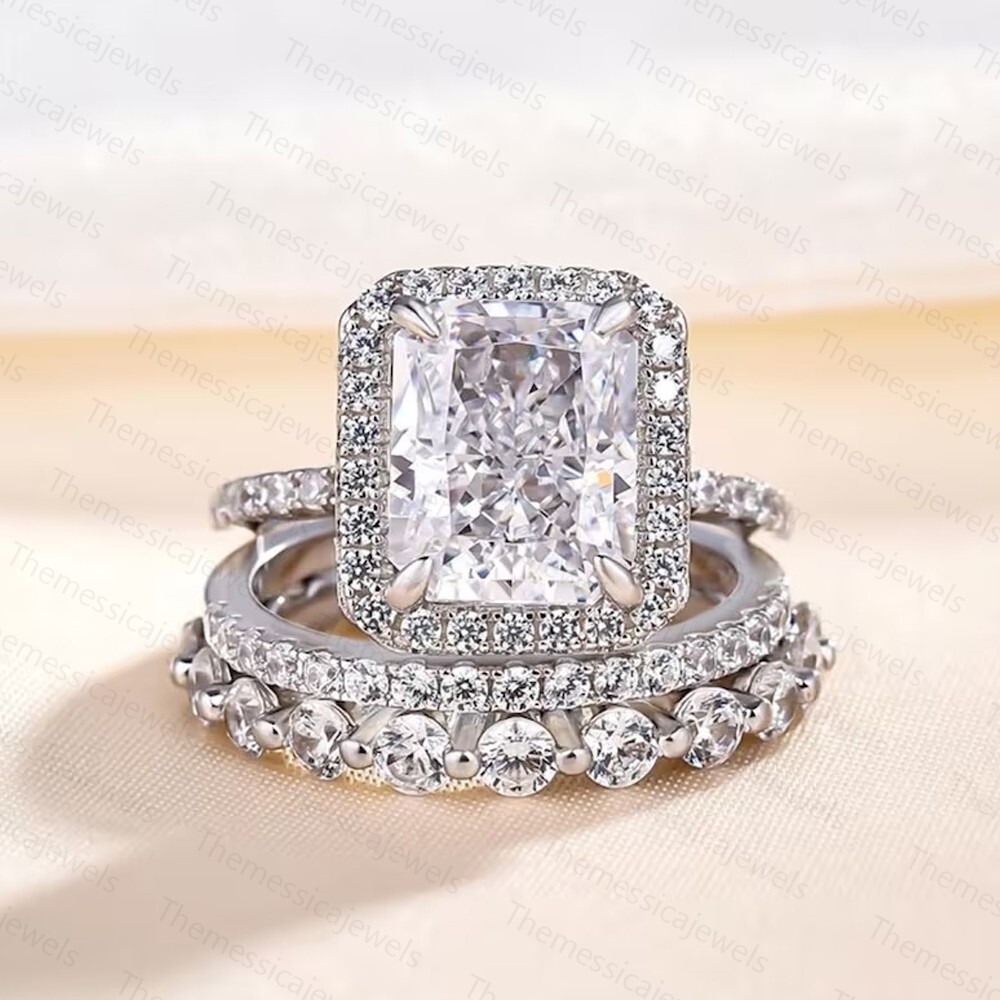 4.00 TCW Radiant Cut Moissanite Trio Set Engagement Ring 14k White Gold Plated 4.00 TCW Radiant Cut Moissanite Trio Set Engagement Ring 14k White Gold Plated