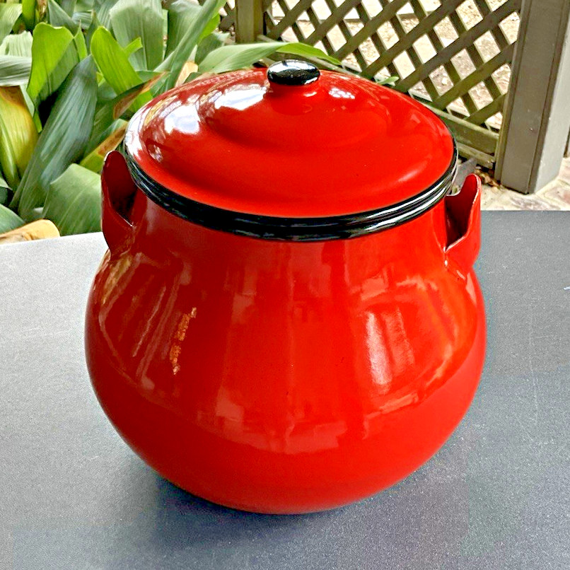Vintage Red Enamel Stockpot Soup Lidded With Dual Lug Ear Handles 4 Qt Japan MCM Vintage Red Enamel Stockpot Soup Lidded With Dual Lug Ear Handles 4 Qt Japan MCM