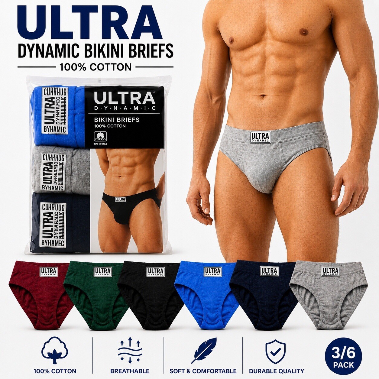 Ultra Dynamic Men’s Cotton Bikini Briefs 3-6 Pack Assorted Colors S-XL Ultra Dynamic Men’s Cotton Bikini Briefs 3-6 Pack Assorted Colors S-XL