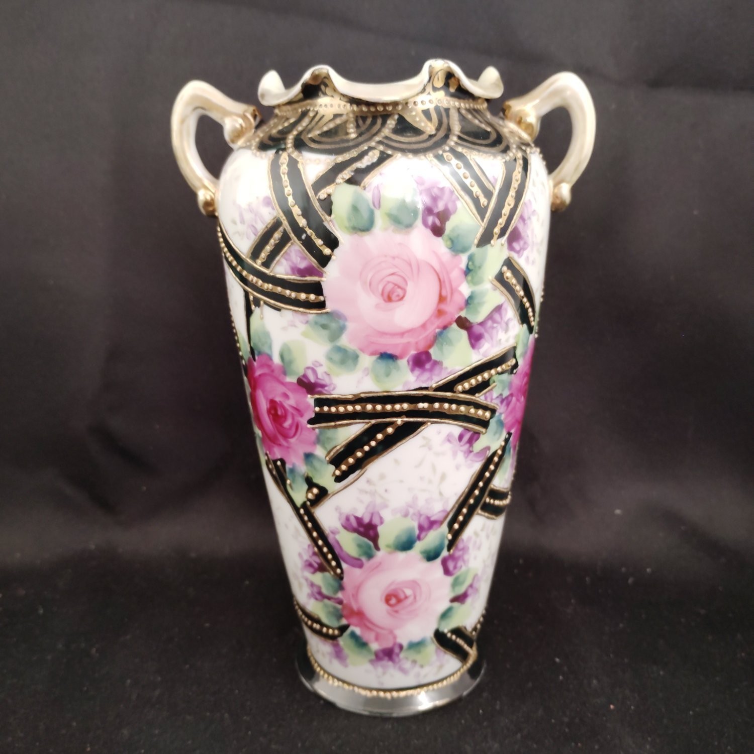 Antique Nippon Style Twin Handled Pink Rose Ribbon Vase Raised Moriage c.1910 7\