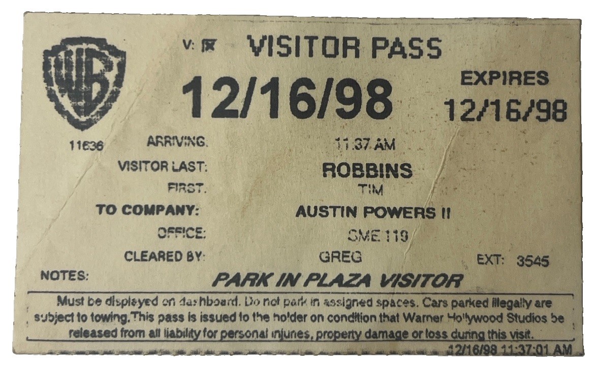 Original 1998 Warner Bros Visitor Pass Tim Robbins Austin Powers II Studio
