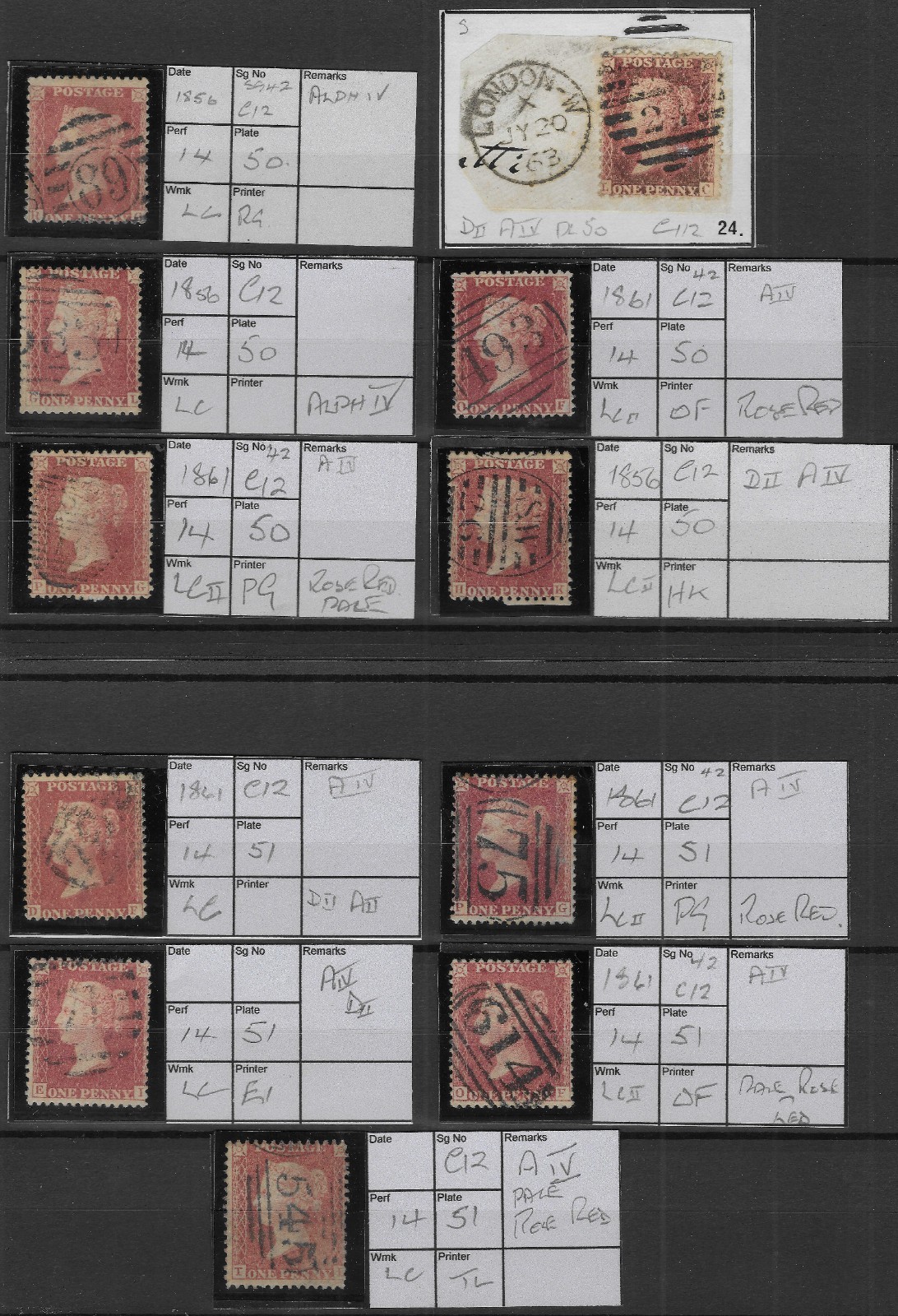 GB 1861 1d Red Assortment SG42 Plates 50/51 C12 Perf 14 D2/A4 Used (11v)