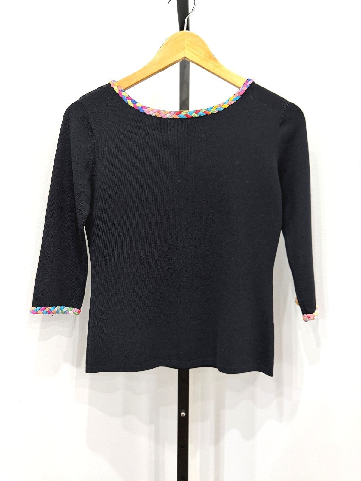 Joseph A. Black Knit Top with Colorful Braided Trim, Size M Cotton Candy Pastel