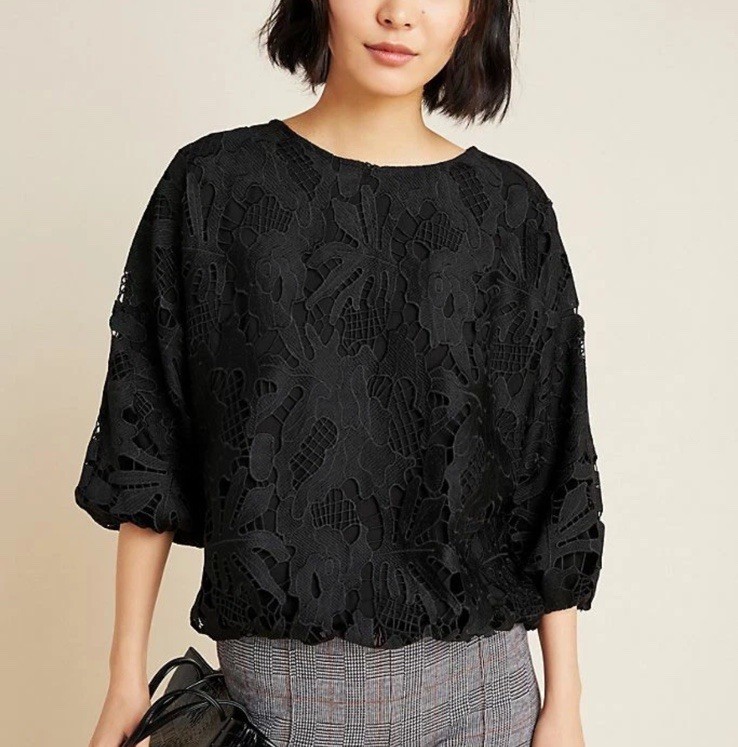 Eri + Ali Anthropologie Black Floral Guipure Open Lace Bubble Blouse NWT Size L