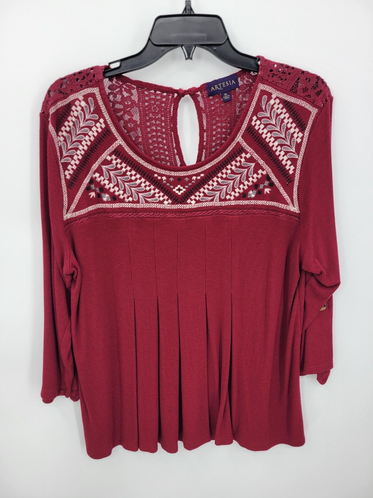 Artesia Top Womens XL Maroon Embroidered Boho Peasant Popover Blouse Shirt