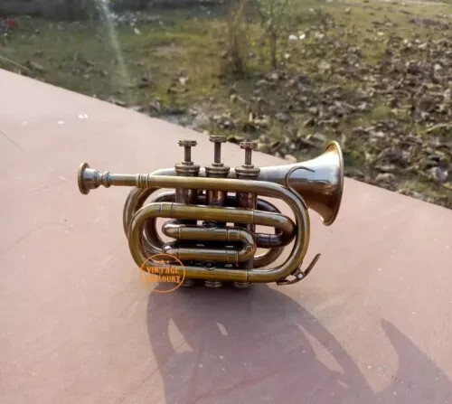 Brass Antique finish Decorative Trumpet Pocket 3 Valve Mouthpiece Gift 