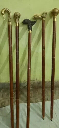 Lot of 5 Pcs Antique Brass Walking Stick Different Handle Wooden Cane Victorian Lot of 5 Pcs Antique Brass Walking Stick Different Handle Wooden Cane Victorian
