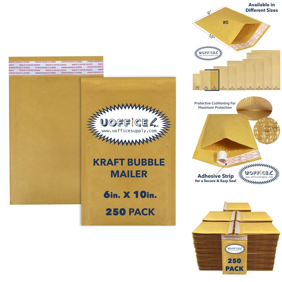 UOFFICE Kraft Bubble Mailers 250 Count #0 6x10 Small Padded Envelopes Peel Seal