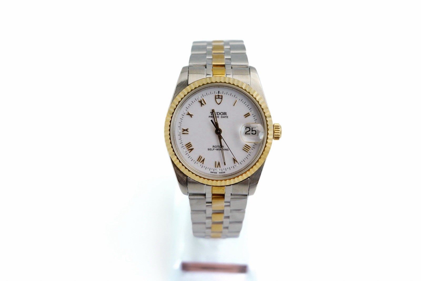 TUDOR BY ROLEX PRINCE DATE REF. 74033 34MM WHITE ROMAN DIAL 18K GOLD CROWN VTG