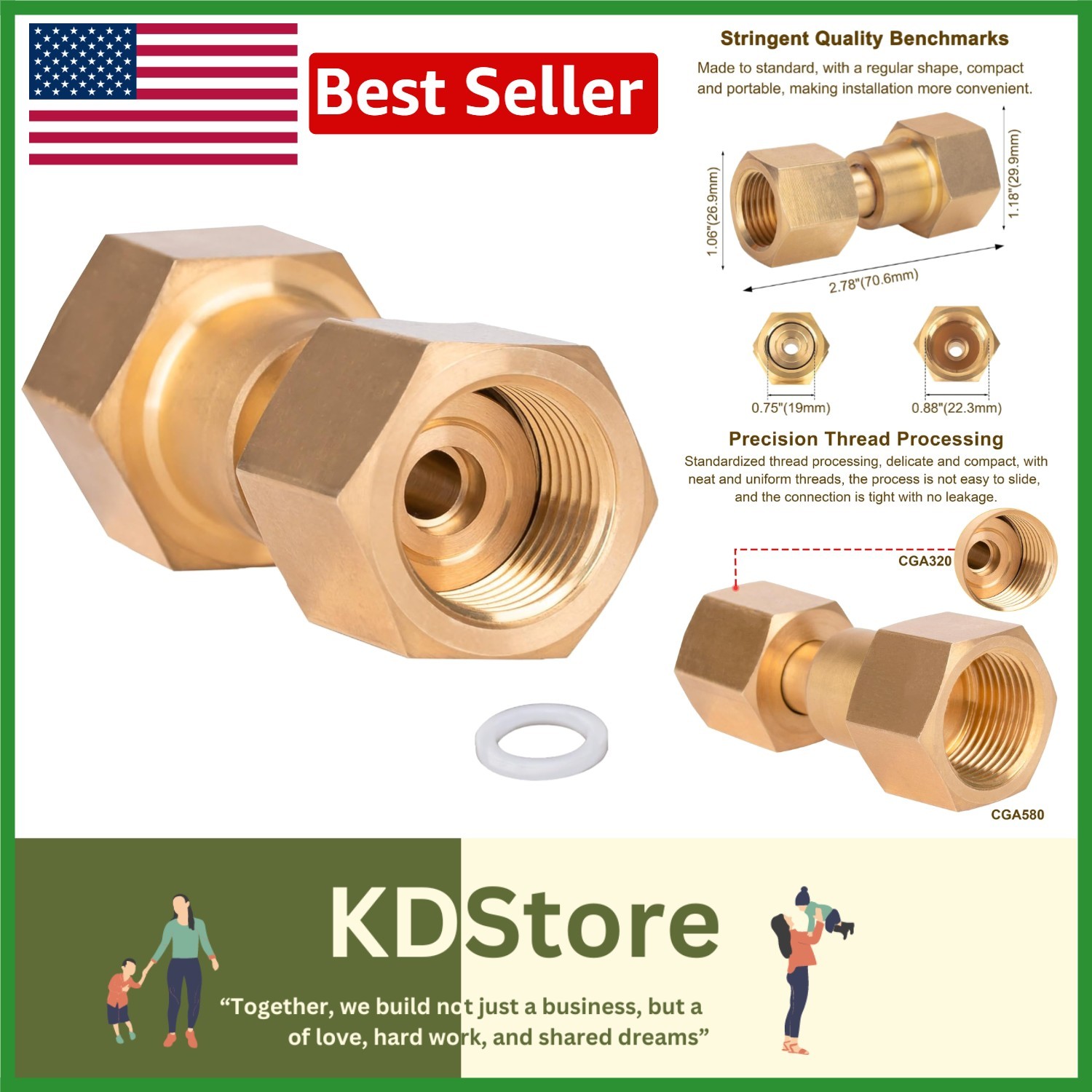 CGA-320 to CGA-580 Adapter Brass Gas Regulator Connector for CO2 Argon Welding