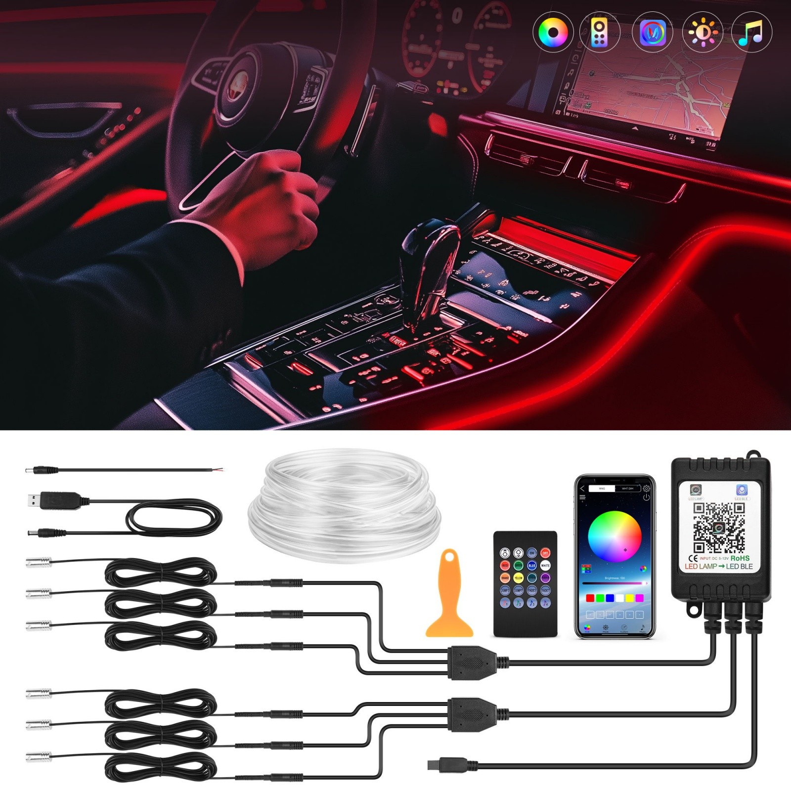 6/8/10 LED Car Interior Strip Lights Atmosphere RGB Neon Ambient Lighting Kit