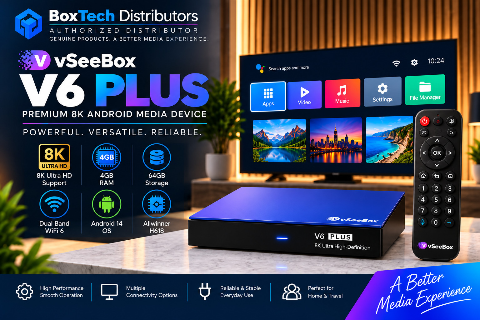 vSeeBox V6 Plus TV Box with Android 14 4GB RAM 64GB ROM Backlit Bluetooth Remote