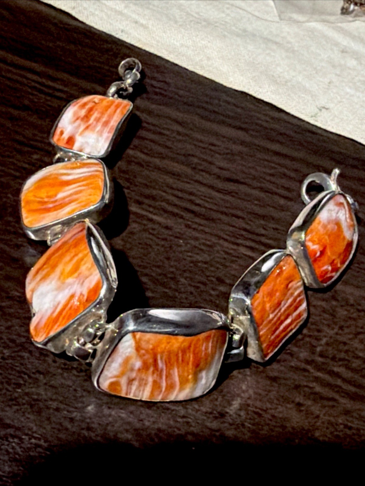 Vintage Amazing Orange Spiny Oyster Beaded BASK Sterling Silver Bracelet 7-7.75”