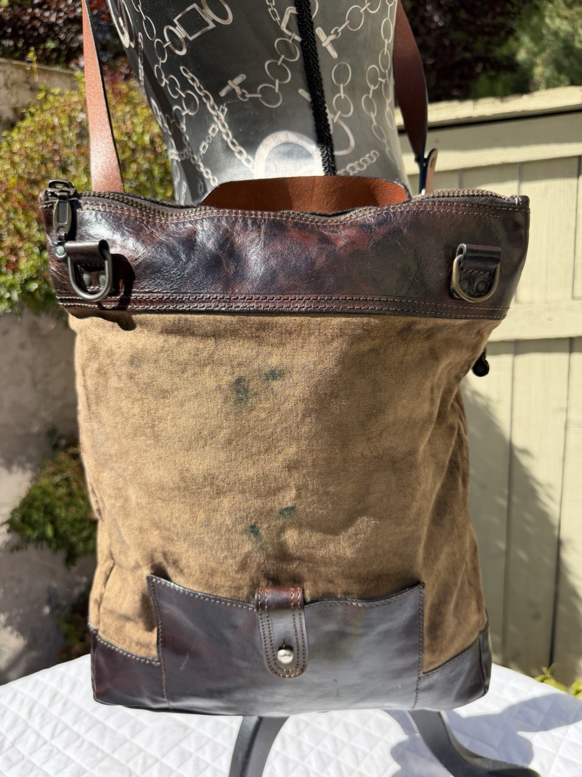 Y2k Vintage DIESEL Black Gold Antiqued Worn In Canvas & Leather Messenger Bag
