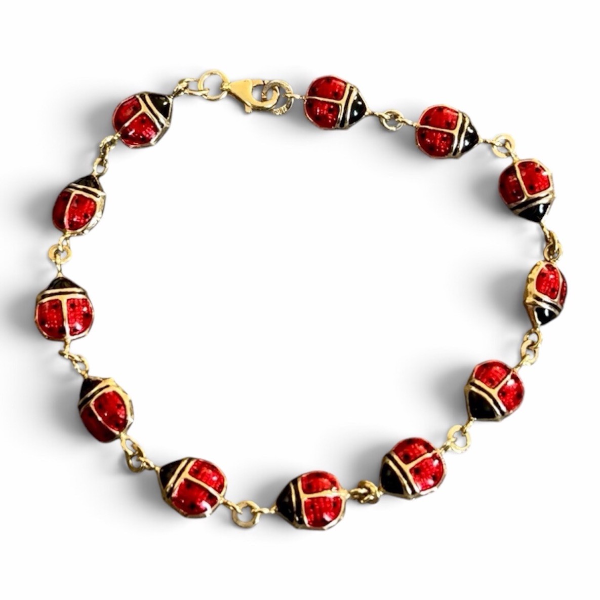 14k Yellow Gold & Enamel Ladybug Bracelet 3-Dimensional Signed “JGM” TW-4g 7.5” 14k Yellow Gold & Enamel Ladybug Bracelet 3-Dimensional Signed “JGM” TW-4g 7.5”