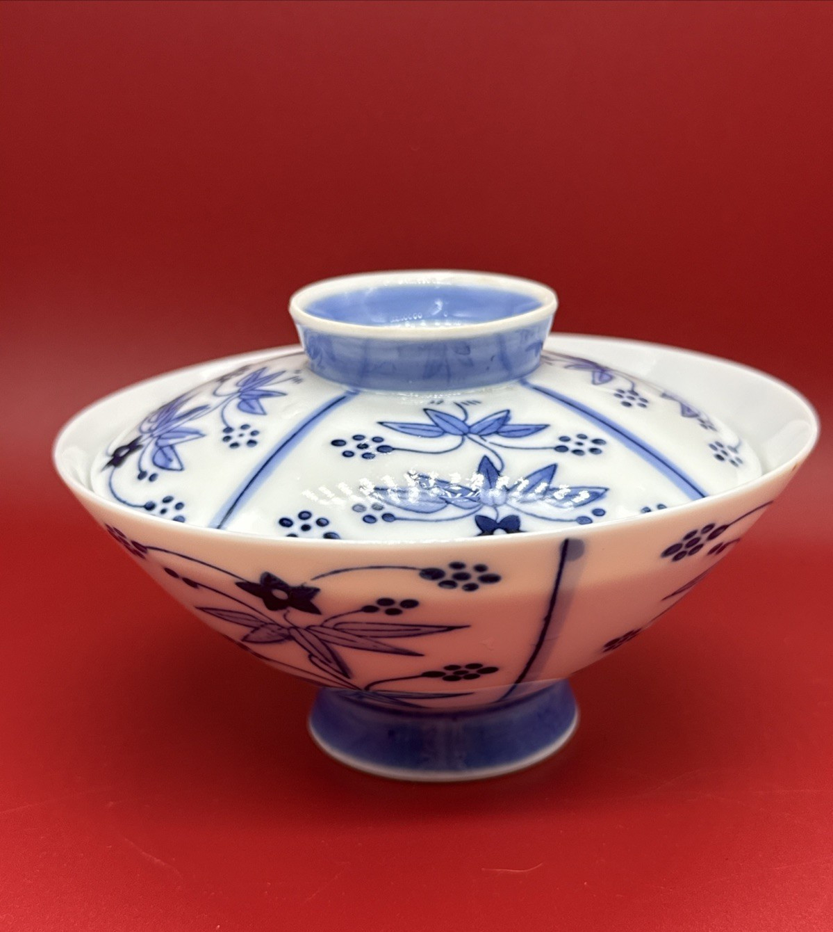 Antique Japanese Arita Sometsuke Blue White Porcelain Covered Rice Bowl Signed