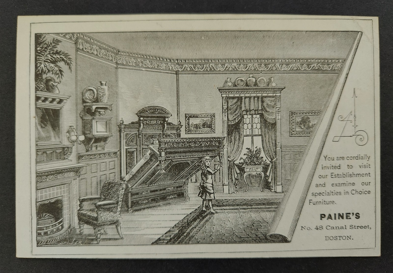 1880 antique PAINE\'S FURNITURE MANUFACTORY boston ma victorian AD TRADE CARD