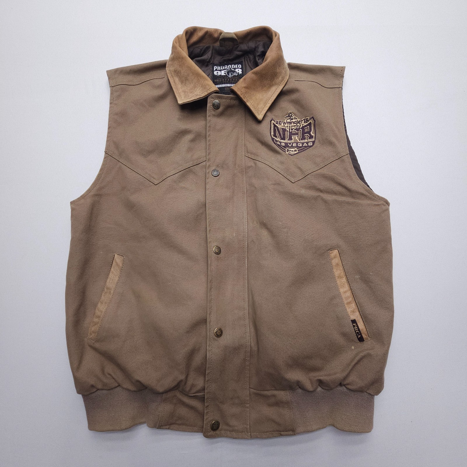 Wrangler NFR Las Vegas Pro Rodeo Gear Vest Mens Large Canvas Leather Collar