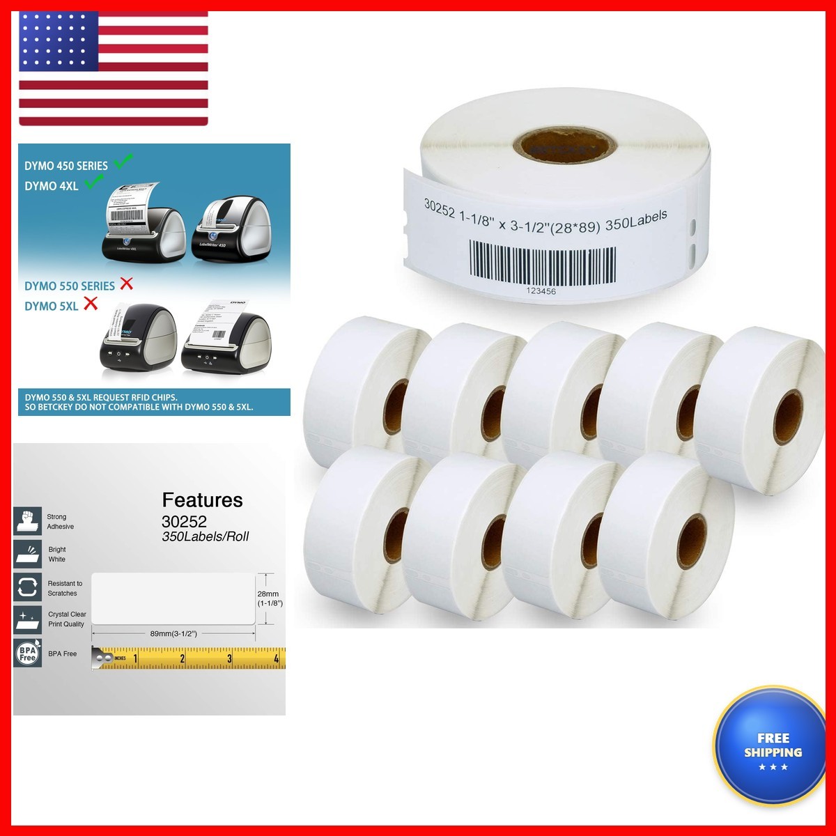 BETCKEY DYMO 30252 Address Labels 1-1/8\