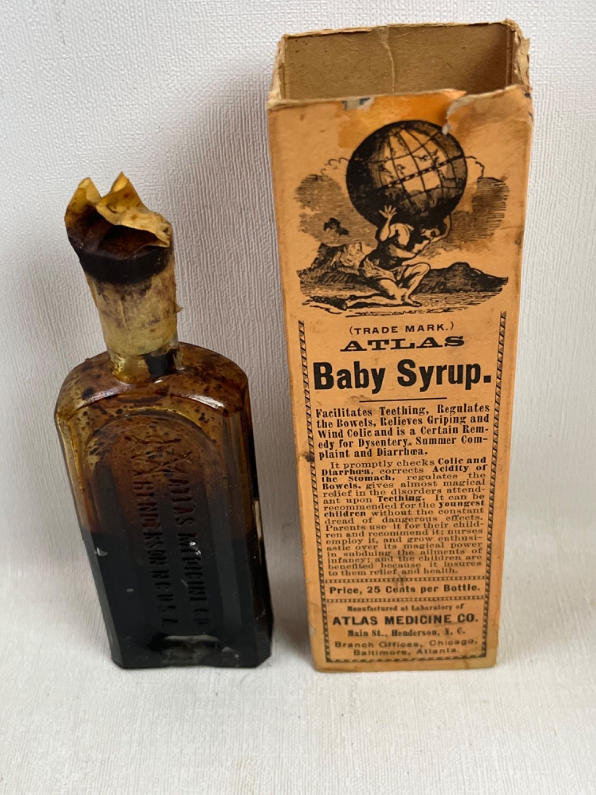 Antique Labeled & Embossed Atlas Baby Syrup Bottle 