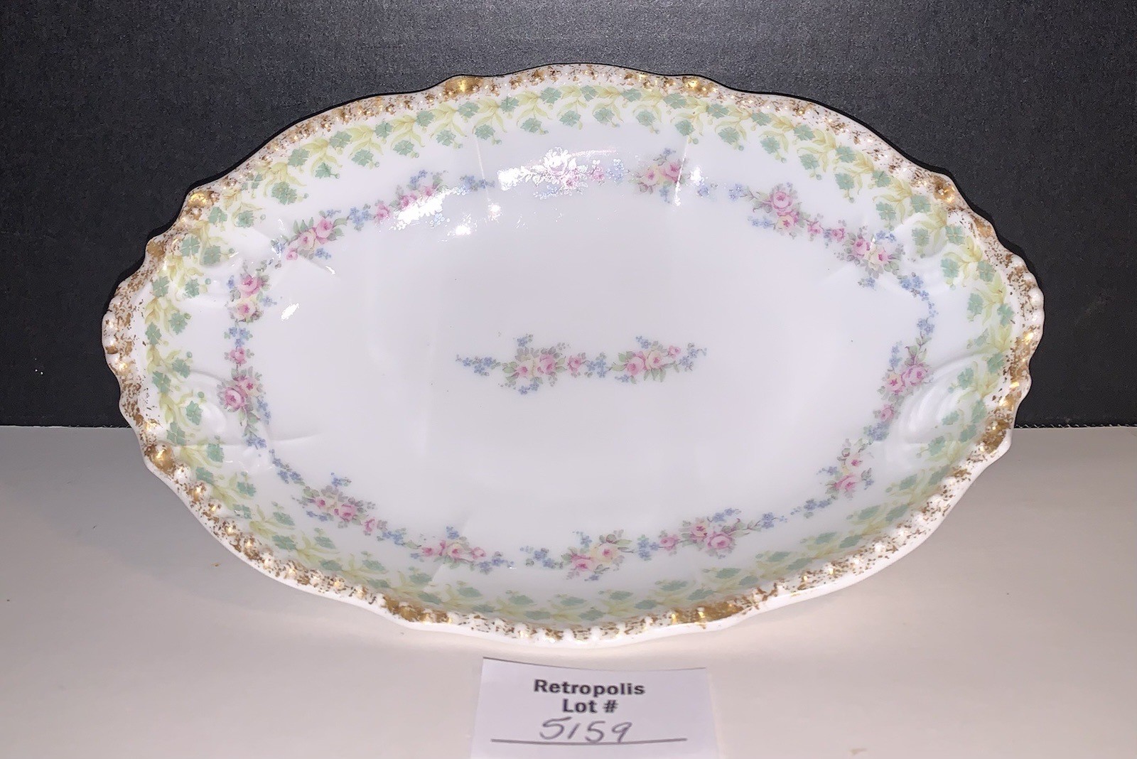 Elite Limoges France Oval Floral Dish Pink Roses Green Floral Gold Trim