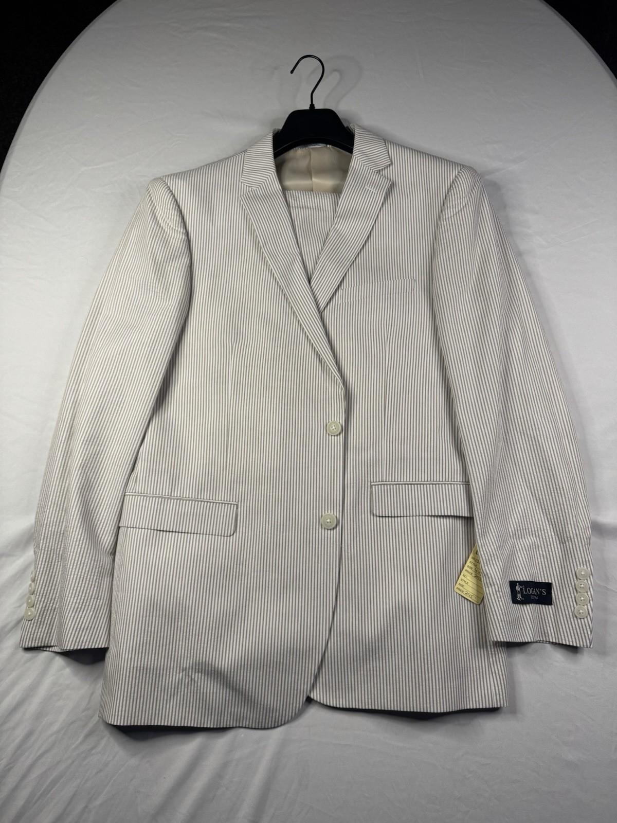 Adolfo Seersucker Suit Striped Dressy Summer Suit 2 Button C624 Tan 48L 43W