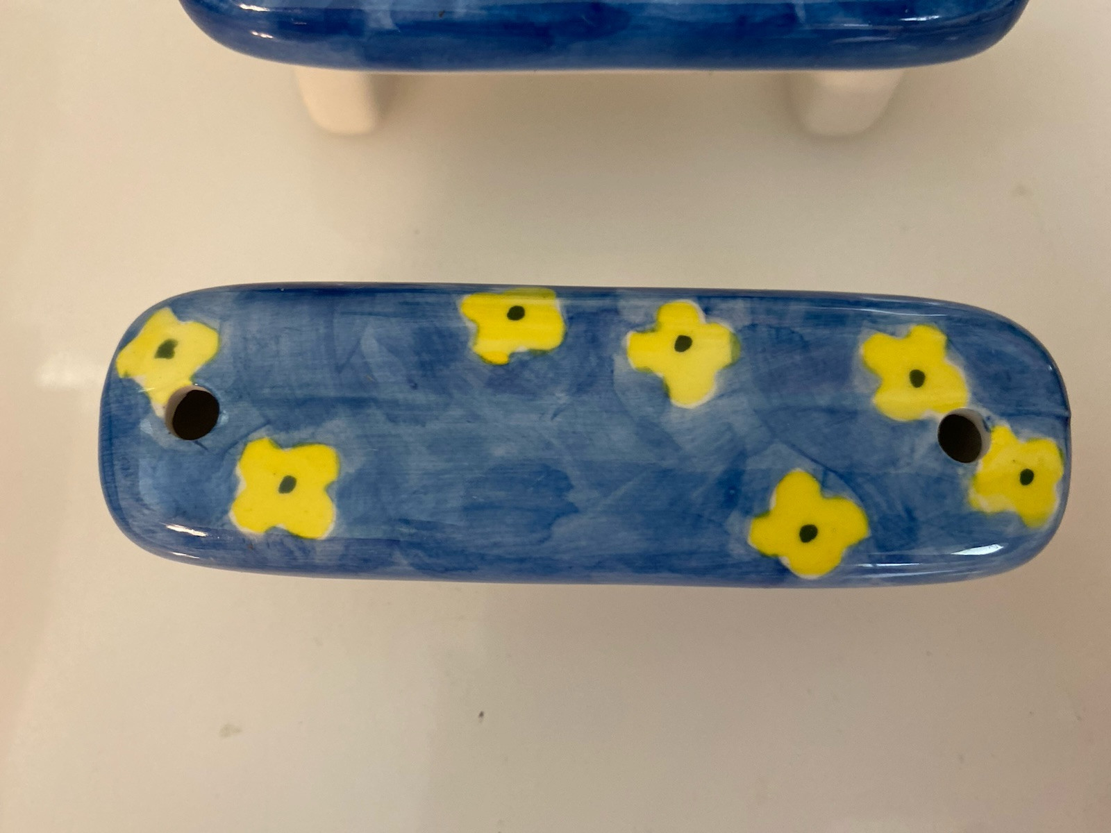 Vtg Hand Painted Ceramic 10 Available Floral Drawer Pulls Blue Yellow 3\