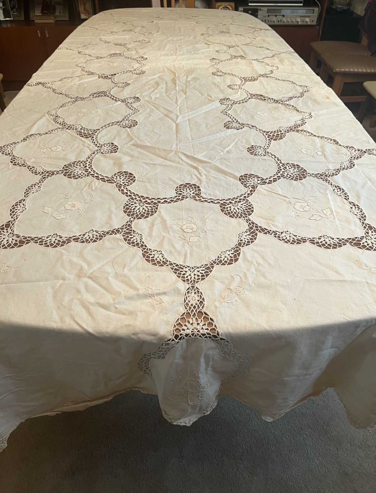 Vintage Italian Cotton Embroidery Crochet Beige Tablecloth 63 Vintage Italian Cotton Embroidery Crochet Beige Tablecloth 63