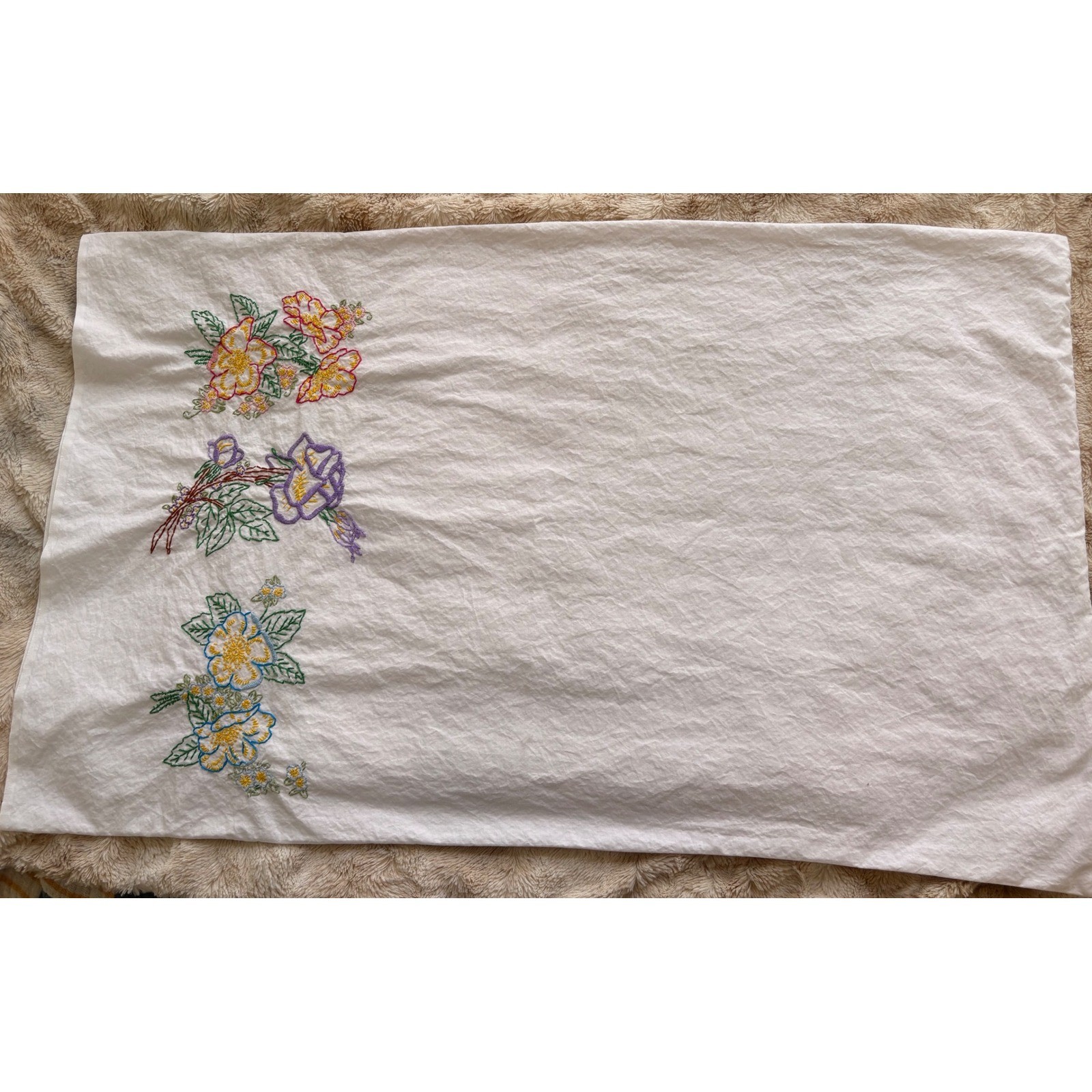 Vintage Hand Embroidered Floral White Cotton Pillowcase Cottagecore Farmhouse