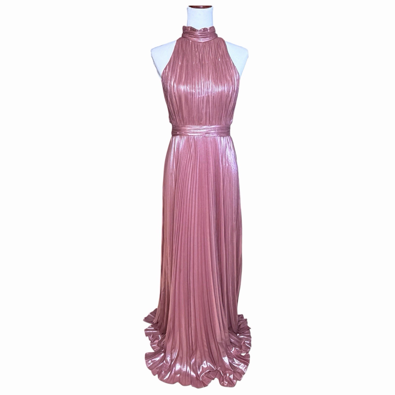 THEIA Metallic Plissé Pink Halter Maxi Evening Gown Sleeveless Back Zip NWT SZ 6
