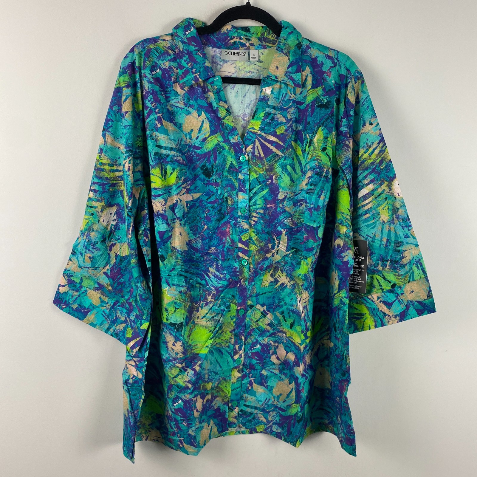 Catherines Button Up Shirt Size 2X Lightweight Cotton 3/4 Sleeves Blue Green