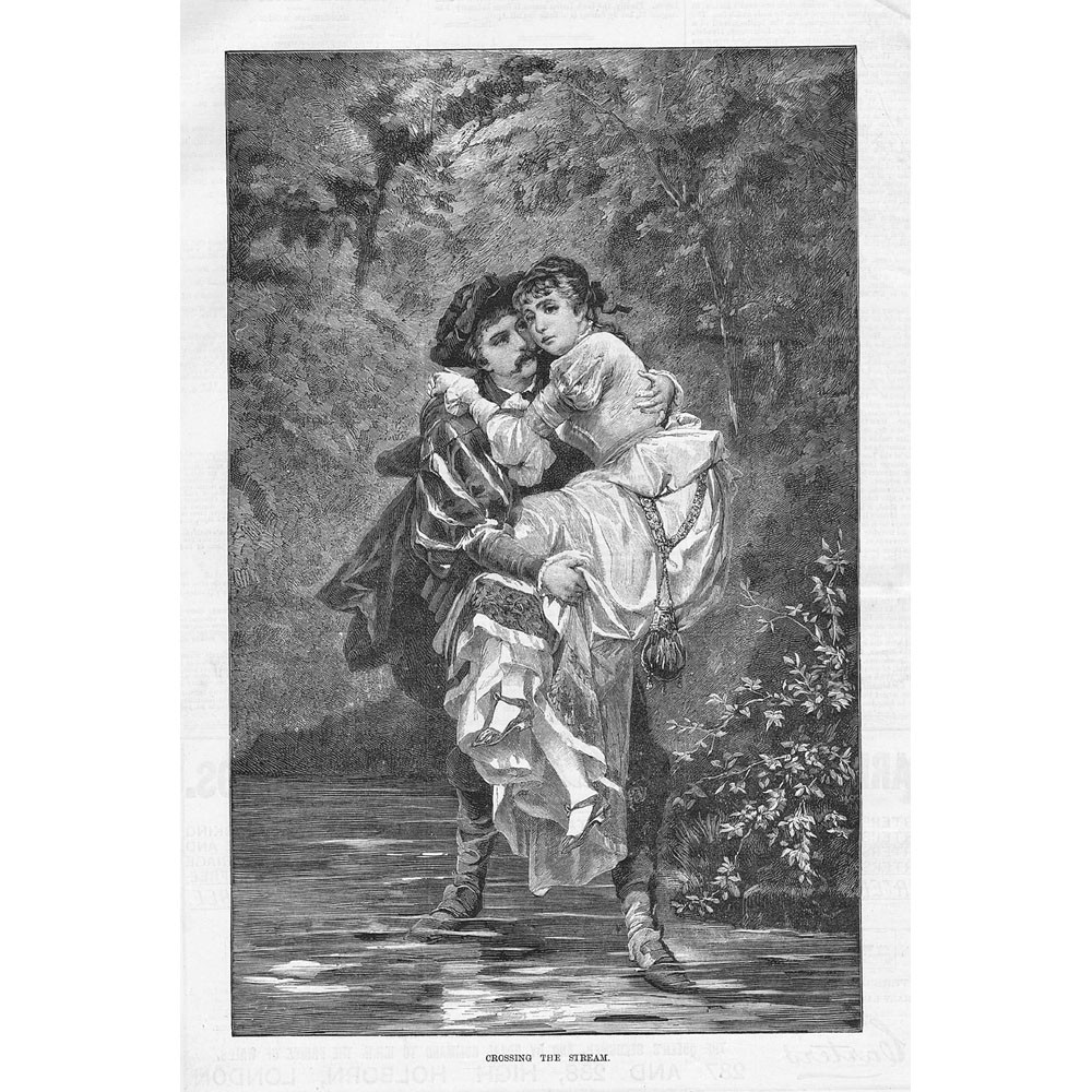 CARL SCHWENINGER Crossing the Stream - Antique Print 1882