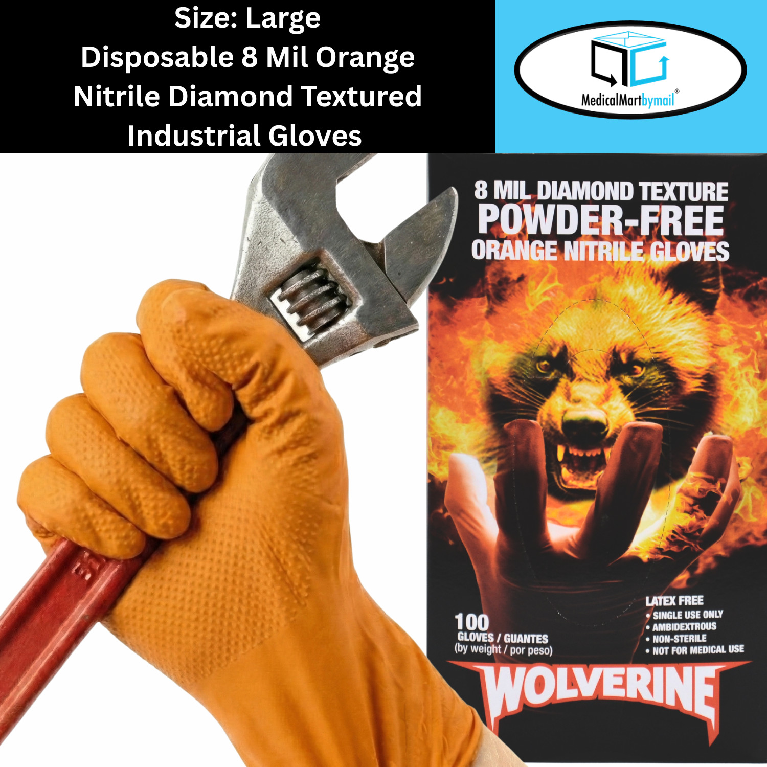 1000 8 Mil Orange Nitrile Gloves Diamond Texture Size: Large Heavy Duty Grip