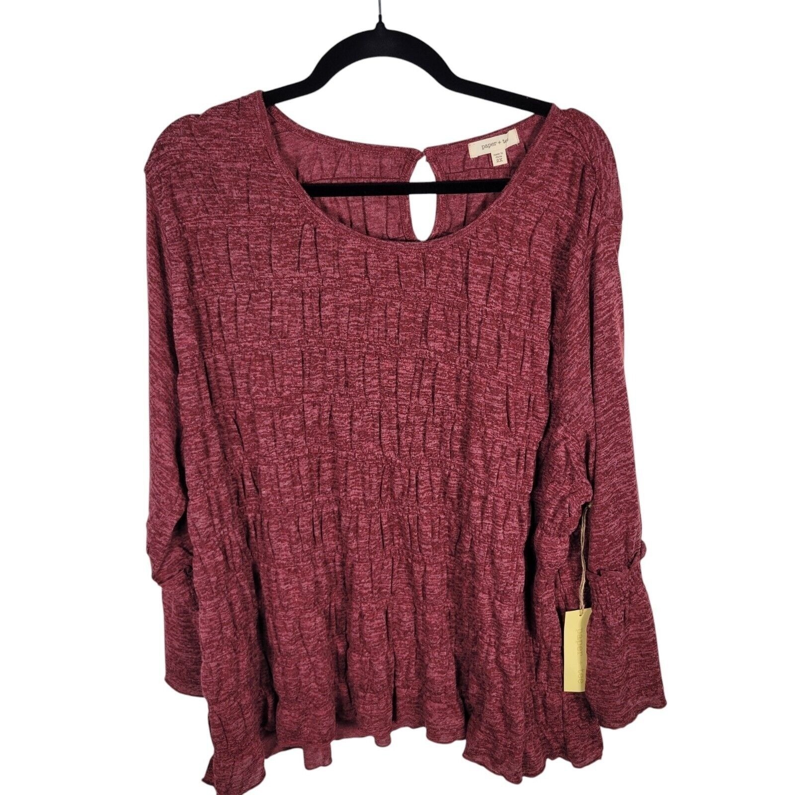 NWT Paper + Tee Top Womens Size 2x Red Ruched Blouse Keyhole Back Bell Sleeves