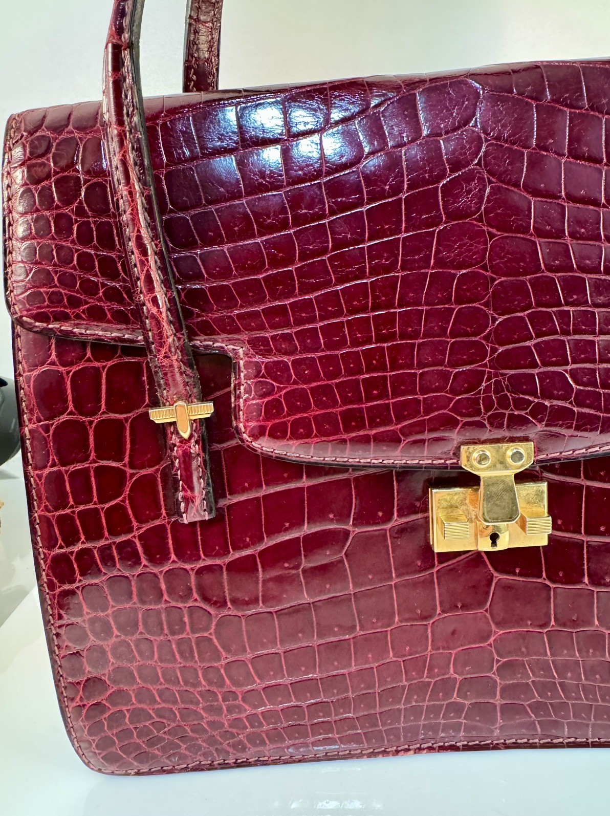 POROSUS CROCODILE Skin Purse Bag Burgundy Red 30cm Vintage Hermes Era Kelly 