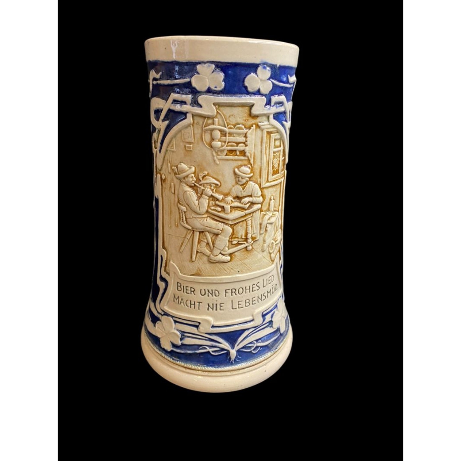 Vintage German Beer Stein Cobalt Stoneware Bier Und Scene in Relief