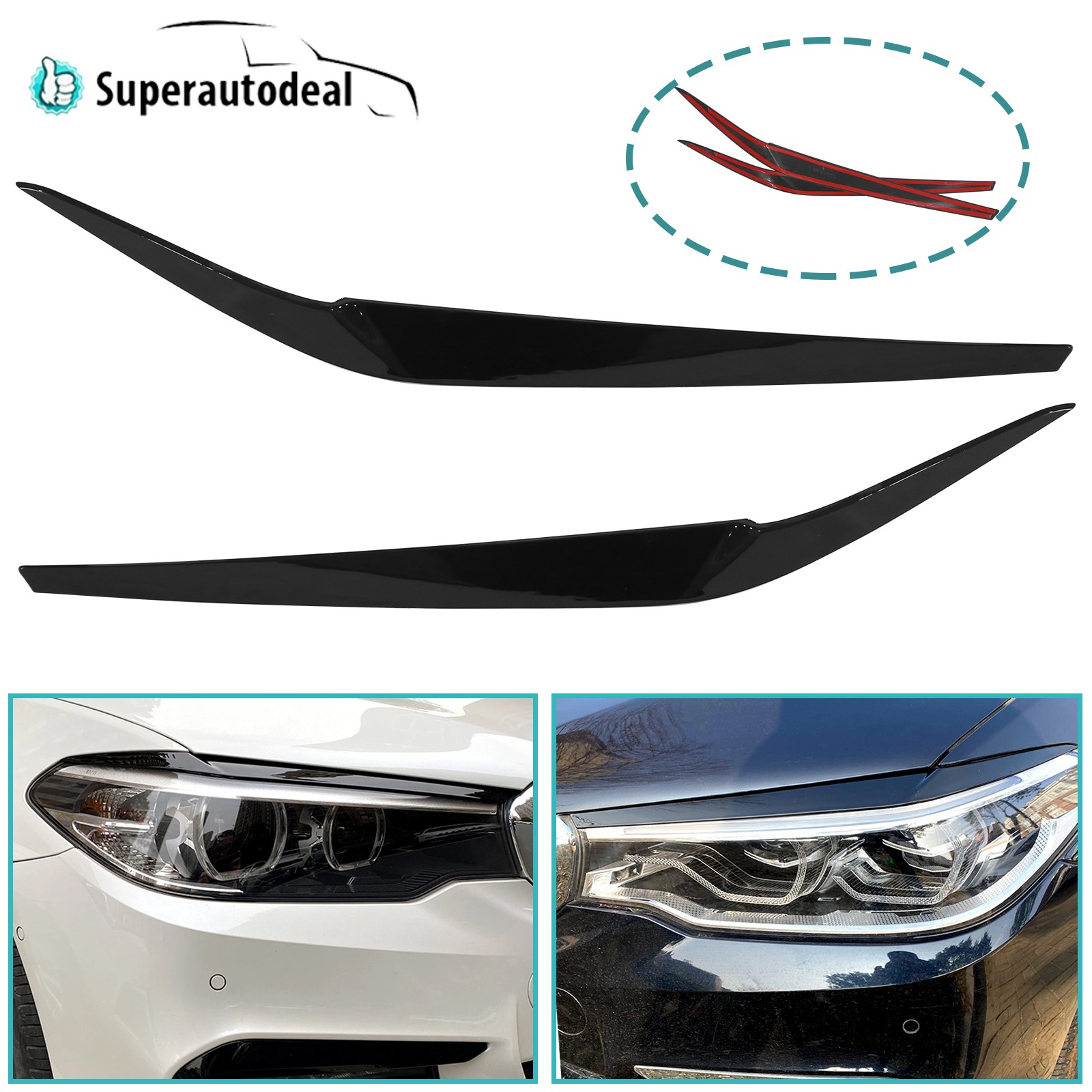 Pair For BMW 5 Series G30 G31 F90 2017-2021 Black Headlight Eyelid Eyebrow Trims