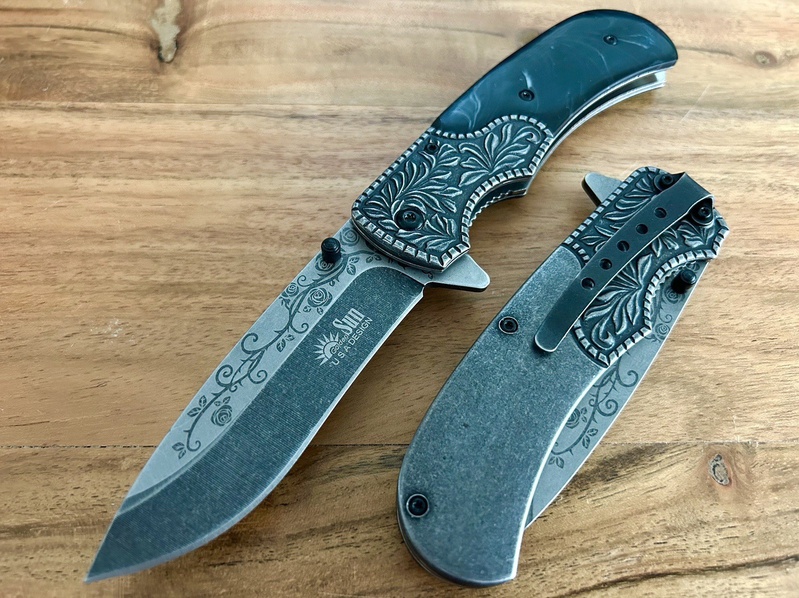 8.5”Stonewashed Black Rose Tactical EDC Assisted Open Blade Folding Pocket Knife