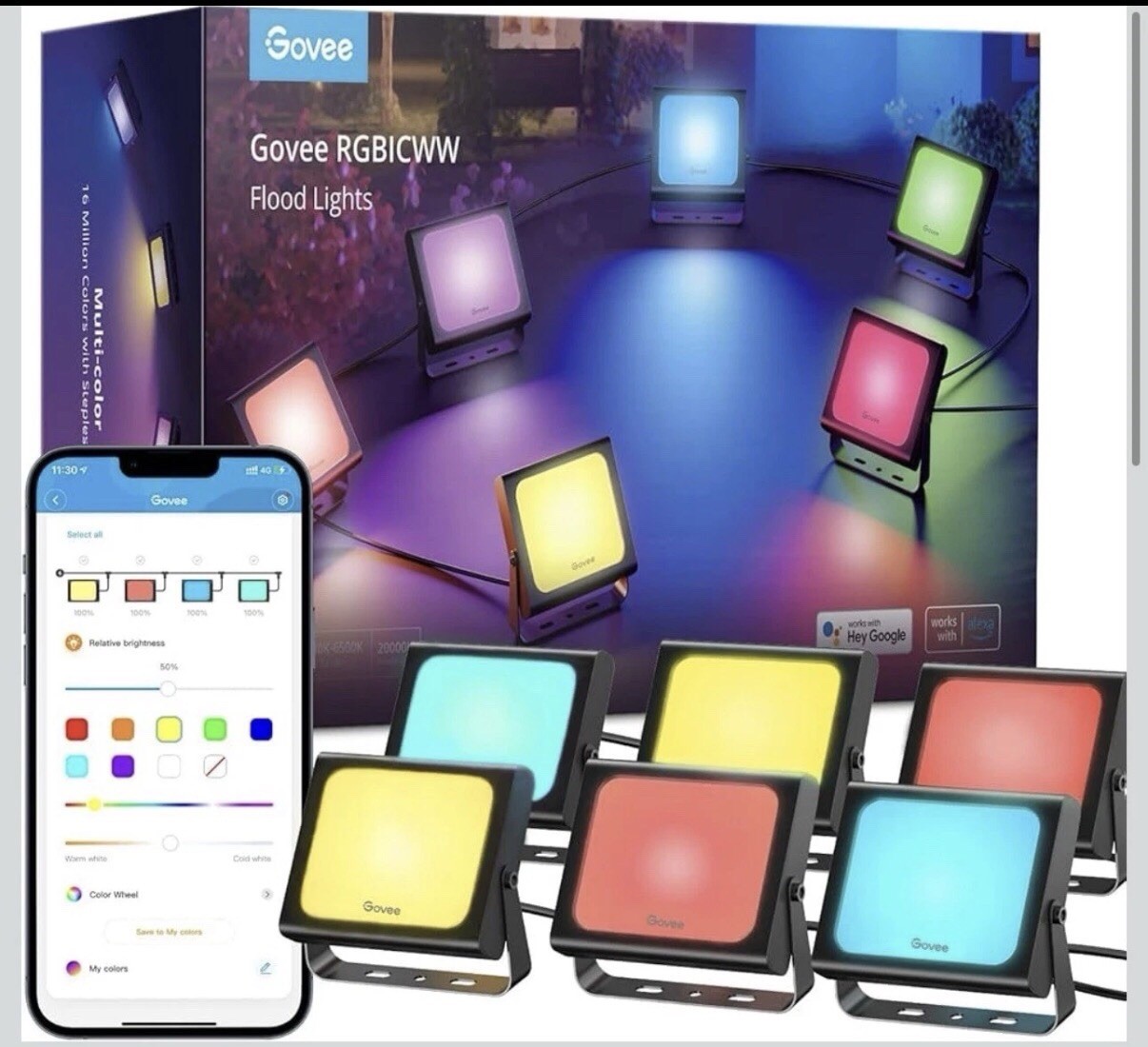 Govee RGBIC LED Smart WIFI Flood Lights 6 pack Color Changing, App Control, New Govee RGBIC LED Smart WIFI Flood Lights 6 pack Color Changing, App Control, New