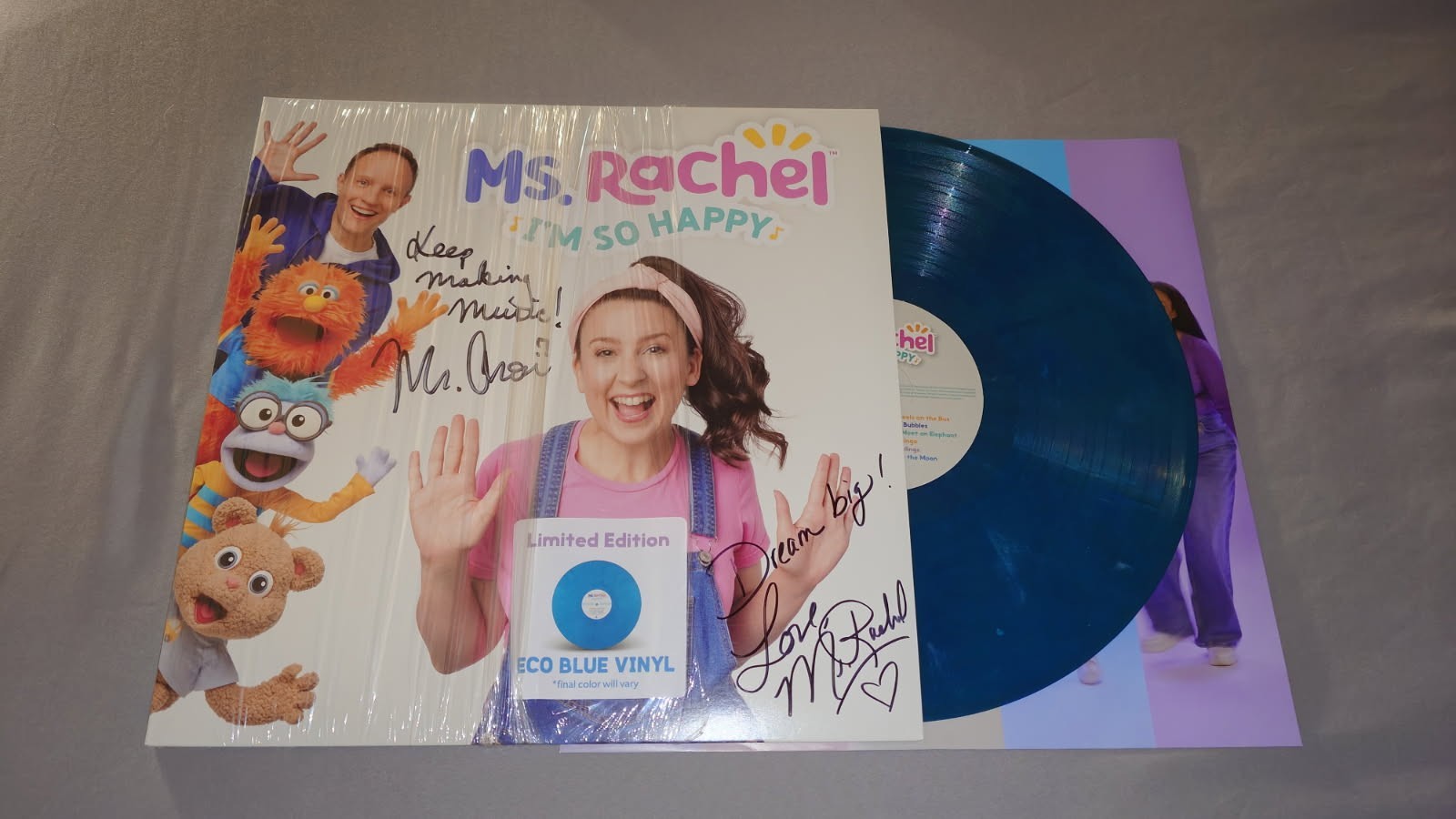 Signed LP Ms. Rachel I'm So Happy Mr. Aron Eco Blue Vinyl Autographed Record Signed LP Ms. Rachel I'm So Happy Mr. Aron Eco Blue Vinyl Autographed Record