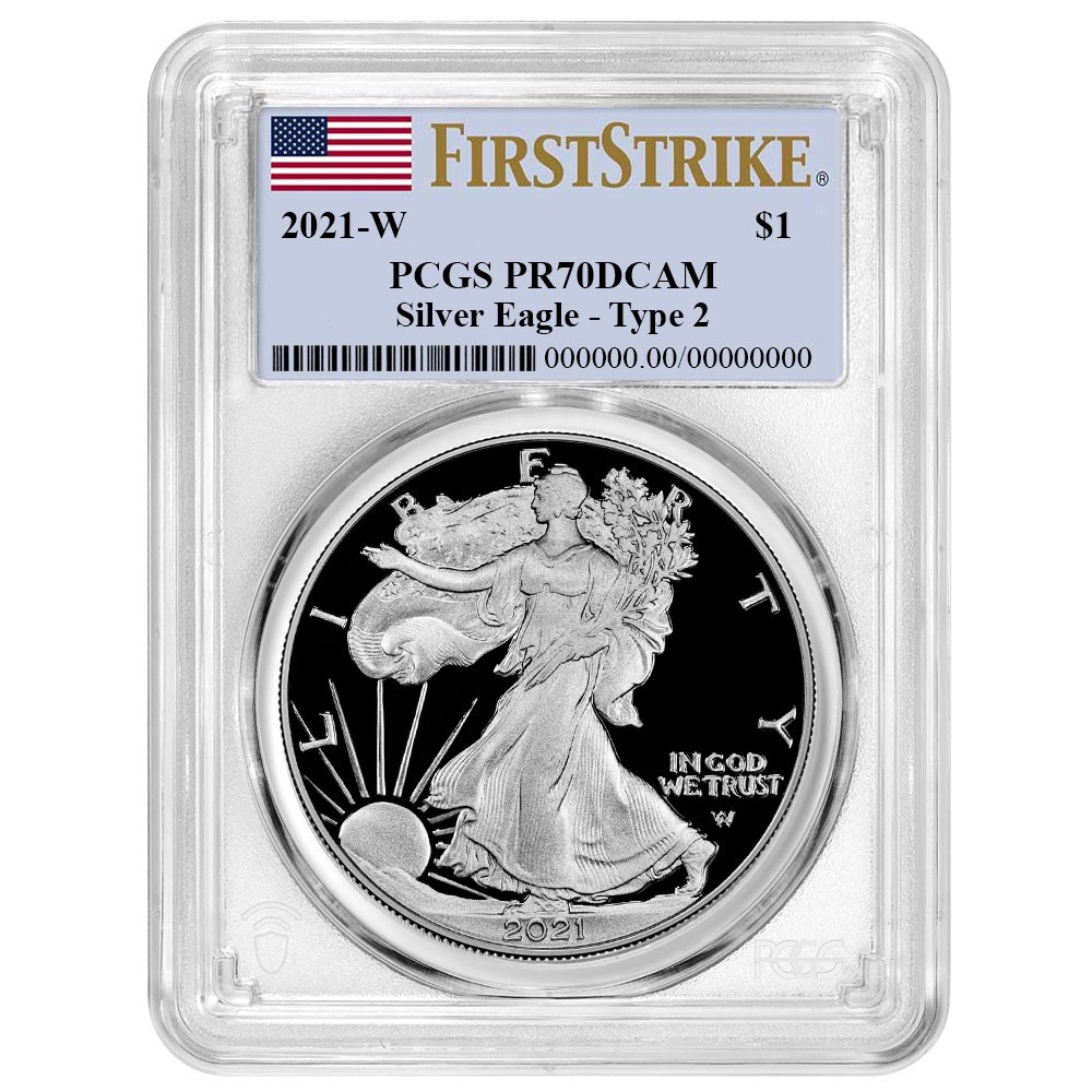 2021-W Proof $1 Type 2 American Silver Eagle PCGS PR70DCAM FS Flag Label 2021-W Proof $1 Type 2 American Silver Eagle PCGS PR70DCAM FS Flag Label