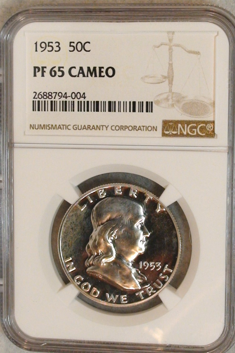 1953 NGC PR65 CAMEO LIGHT TONED FRANKLIN HALF NICE SUPERB PROOF SILVER 50C Coin
